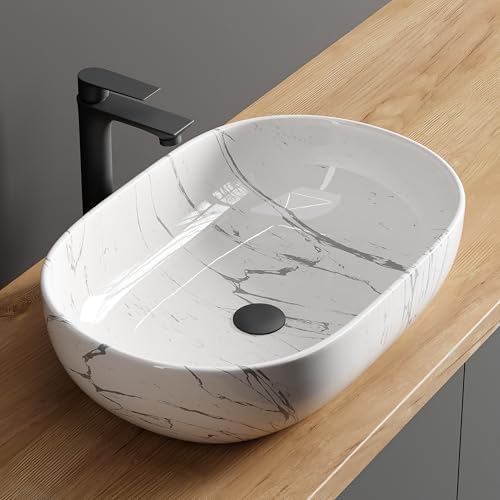 Planetmöbel Aquil Deluxe Lavabo carré, à poser, pour salle de bain et WC d'invités, sans trou de robinetterie et trop-plein, marbré, blanc, 60 x 40 x 15 cm