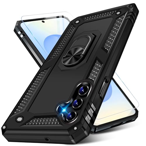 Image of Heavy Duty Case for Samsung Galaxy S25 Plus Phone Case with Screen Protector, Military Grade Shockproof Rugged Protective Cover for Samsung S25 Plus, with Metal Ring Magnetic Kickstand (Black)
