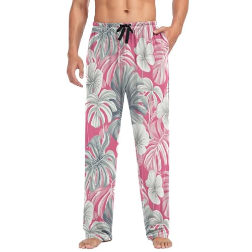 Mens Pajama Pants Tropical Palm Leaves Flowers Pink Soft Lounge Sleep Pj Bottoms with Drawstring Pockets