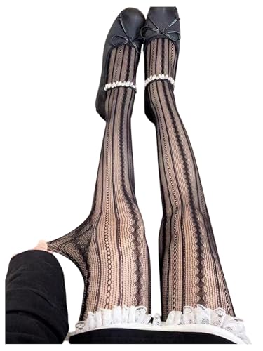 Floerns Women's Vintage Vertical Striped Fishnet Mesh Pantyhose Tights Retro Stockings