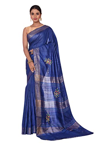 Singaara Women's Indigo Blue Tussar Silk Saree – Pure Pattu Saree with Blouse Piece for Wedding & Partywear
