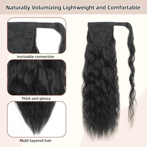 Ponytail Extension Human Hair Wrap Around - 120G 22Inch Natural Black, Magic Paste Elastic Corn Wave Soft Brazilian Virgin Human Hair Ponytail for Black Women — view 3
