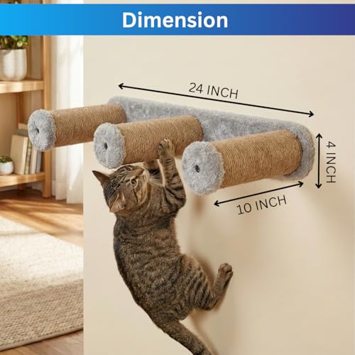 Image of Wall-Mounted Cat Scratching Post, Sisal Rope with Plush Mice Toys, Grey and Natural, Interactive Play (24X6 INCH) (FURR-157) (Grey)