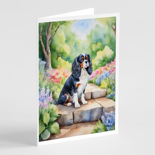 Caroline's Treasures Cavalier Spaniel Spring Path Greeting Cards Pack of 8 Blank Cards with Envelopes Whimsical A7 Size 5x7 Blank Note Cards