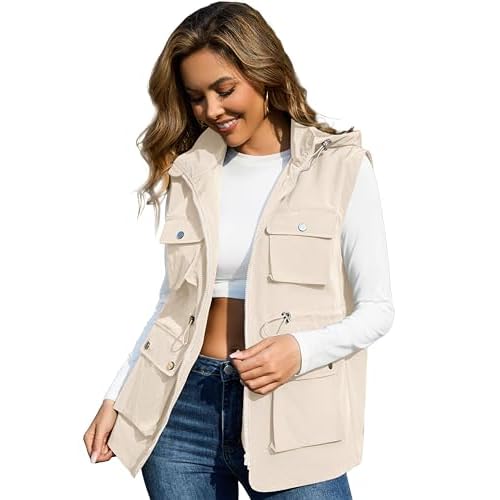 PESION Womens Packable Military Utility Vests Outerwear Waterproof Windbreaker Jacket Cargo Vest with Removable Hood Ivory Large