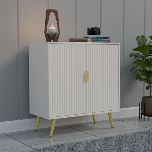 Image of Wooden Fluted Design Storage Cabinet with 2 Doors | Modern Sideboard Cabinet for Living Room, Bedroom & Entryway | Multipurpose Organizer Cupboard | HDMR Premium Wood | Gold Metal Legs (White)