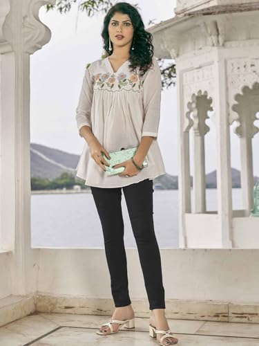 Image of Women's Viscose Cotton Embroidered Tunic Dress | Ethnic Motif 3 /4 Sleeve V-Neck Dress