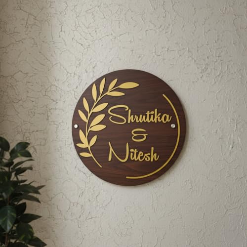 Image of 10x10 Inch Customized Wooden Name Plate for Home Entrance Round Wall Door Name Sign Personalized Couple Name Board Premium Wooden Finish with Golden Acrylic Letters