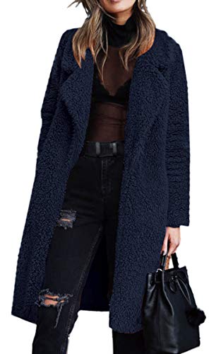 Angashion Women's Fuzzy Fleece Lapel Open Front Long Cardigan Coat Faux Fur Warm Winter Outwear Jackets Navy M