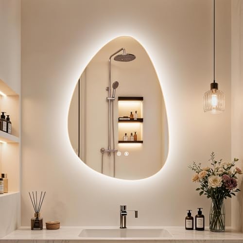 LUVODI Espejo Baño con Luz 50 x 70 cm: Espejos de Baño Maquillaje Irregular Espelho Casa de Banho con Función Antivaho 3 Colores de Luz Retroiluminado Regulable, Funcion Memoria, Impermeable IP66