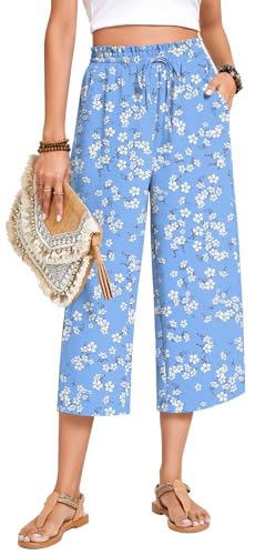 Image of Anyhold Women's Capri Pants Drawstring Casual Palazzo Trousers with Pockets Loose High Waisted Wide Leg Lounge Pants