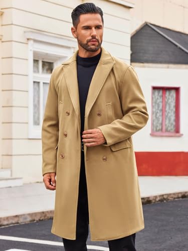 Image of Runcati Mens Trench Coat Notch Lapel Slim Fit Double Breasted Casual Long Business Pea Coat Overcoat