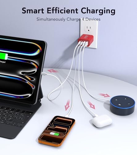 Image of [2Pack] 40W USB C Wall Charger, Super Fast Charging Block PD+QC 4 Port Charger Cube for iPhone 17 /16,iPad Pro /Mini /Air, iPod Nano, iPod Touch, Switch, Smart Phone, Smartwatches and Tablet(Red)