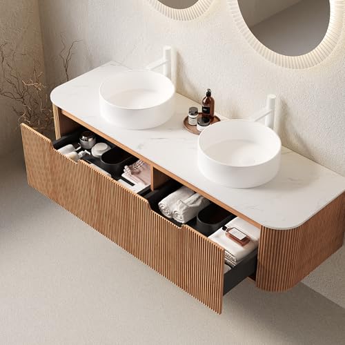 Image of KEIKI 60 inch Wall-Mounted Floating Vanity, Modern Bathroom Vanity with Sinks and 3D Striped Drawer Fronts, 2 White Ceramic Vessel Basins, Pre-Assembled Storage Cabinet for Bathroom, Natural Wood