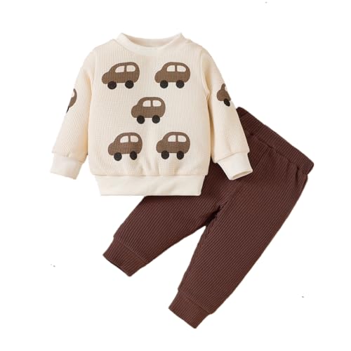Baby Boy's Knitted Waffle Set Almond Car Print Top with Brown Ribbed Pants 2 Piece Autumn Toddler Set