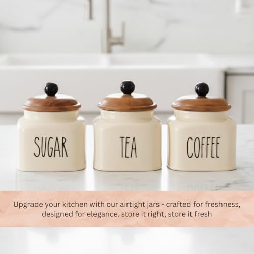 Image of Ceramic Coffee Jar Container Airtight Kitchen Storage Containers with Wooden Lids - Handcrafted Ceramic Canisters for Countertop, Pantry & Home Decor - 600ml, Beige