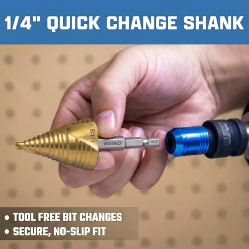 Image of NEIKO 10629A Step Drill Bit, 2 Steps 7 /8 inch to 1-1 /8 inch Spiral High Speed Steel, Titanium Nitride Coated, 1 /4 inch Quick Change Step Bits for Steel, Metal, Wood, Plastic, Unibit Cone Drill Bits, Two Flute