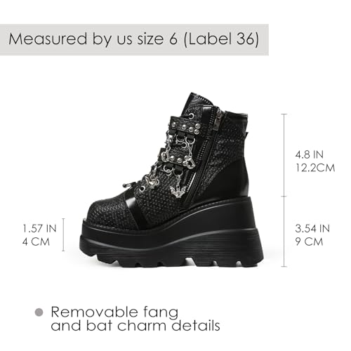 Tscoyuki Goth Platform Ankle Boots for Women - Bat Buckle Straps Rave Boots Zip Round Toe Combat Boots Womens Chunky Wedges High Heels Moto Booties2