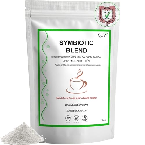 Symbiotic Blend Creamer - Natural Microbiotic con Probióticos y Prebióticos Intestinales, Melena de León y Zinc - Reduce Gases e Hinchazon Adultos - 30 dosis (1 Mes) - Hecho en España - 100% Vegano