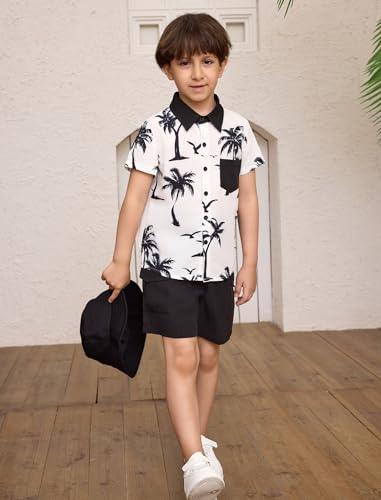 Image of IBTOM CASTLE Boys Hawaiian Button Down Shirts and Short Sets with Bucket Hat Kids Summer Vacation Outfits Tropical Shirt