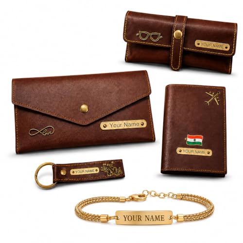 Image of SAVRI Personalized Raksha Bandhan Gift for Sister | Customized Women's 4 Piece Gift Combo with Name Engraving & Golden Chain Rakhi | Personalised Rakhi Gift Hamper for Behen Sis | Best Gifts for Women