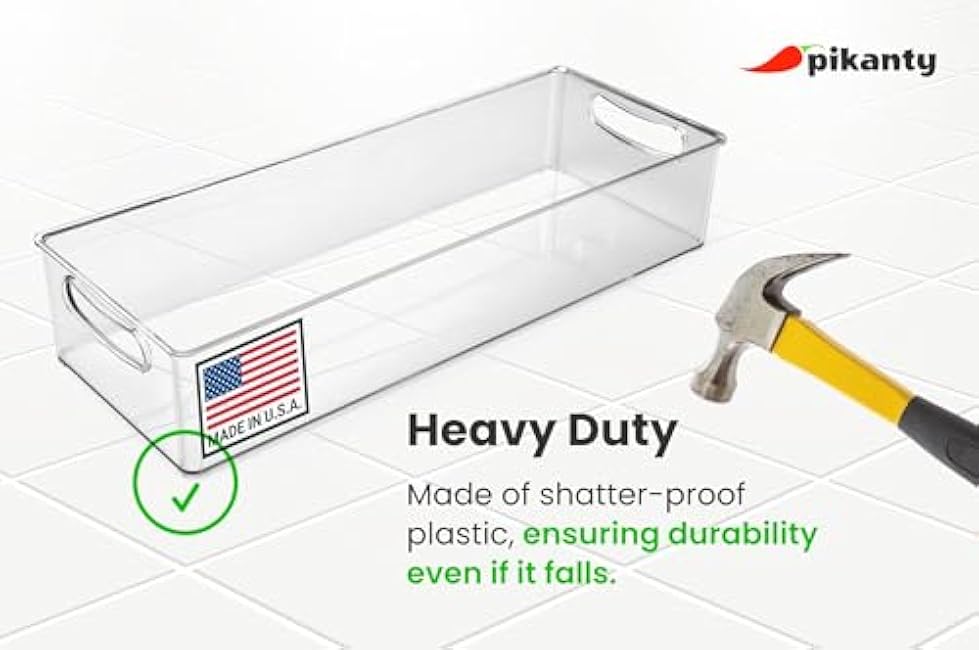 15-Inch Refrigerator Organizer Bin with Handles - Clear Plastic Storage for Fridge, Pantry, or Countertop - Dishwasher Safe - Made in the USA