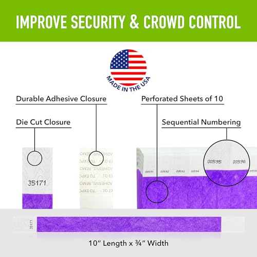 Image of 500 WristCo Purple Tyvek Wristbands for Events - Comfortable Tear Resistant Paper Bracelets ID Wrist Bands for Concerts Festivals Admission Party Identification