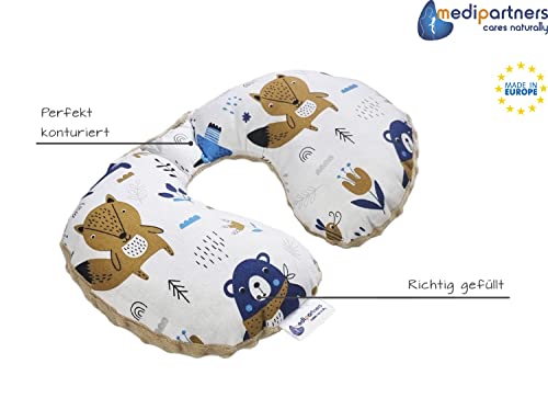 Medi Partners Nackenkissen Kinder Nackenhörnchen Auto Flugzeug Baby - 100% Baumwolle/Minky Nackenstütze Kopfstütze Kindersitz Autositz Nackenrolle Kissen (Boho Animals mit beigem Minky)