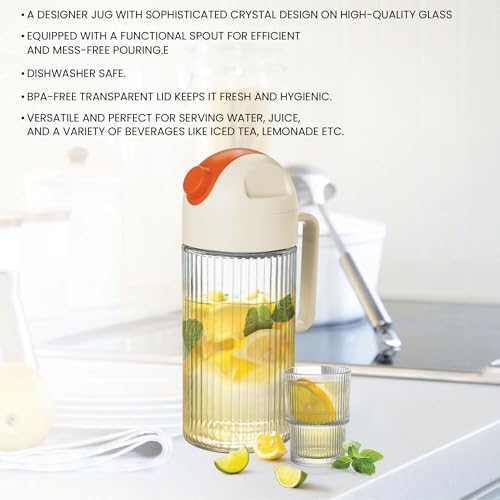 Image of Treo By Milton Borosilicate Spritz Lemon Glass Set With Jug, (6 Glasses - 190 ml Each, Jug - 1100 ml), Set of 7, Transparent | Microwave Safe | Odour Free | Scratch Resistance