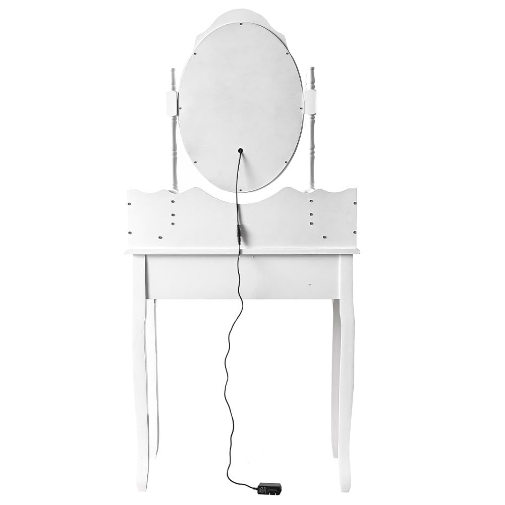 Shally Dogan Toeletta Trucco con Sgabello Modello Elena con 10 Lampade Led, Specchiera con Tavolo e Cassetti in Legno Bianco, Seduta Comoda Imbottita, Specchio Postazione Make Up, Luce Fredda e Calda