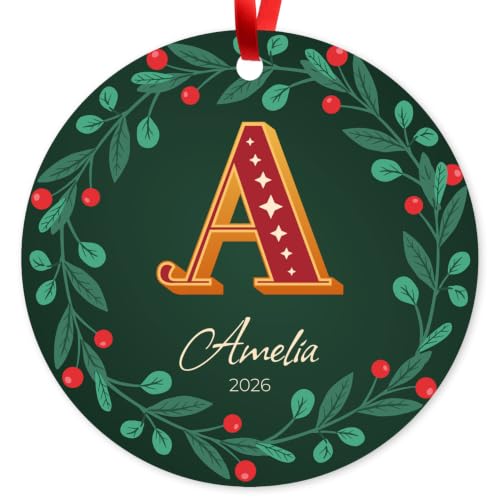 Soul Décor Custom Christmas Ornament 2025, Personalized Ornament Decoration with Initial Name for Christmas Tree, Velvet Pouch Included, Large 3.75" Round ACM Ornament