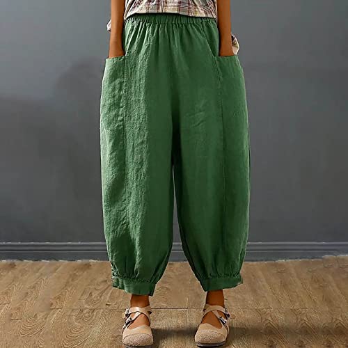 Women Casual Beam Foot Pants Elastic Waist Loose Lounge Cotton Linen Trousers Plus Size Solid Harem Pant with Pockets3