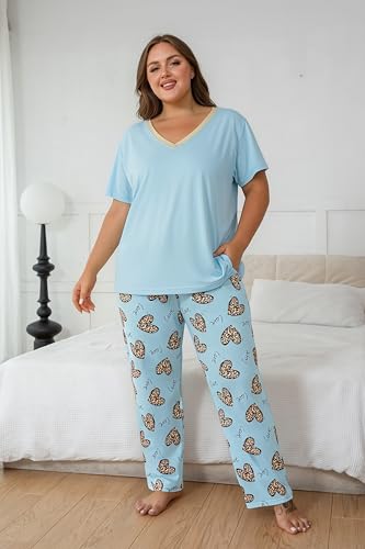Image of Vozanet Women's Pajama Sets Short Sleeve with Long Pant Soft Sleepwear Printed pj Loungewear With TWO Pockets Size 1X to 5X