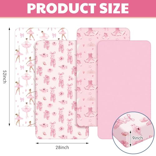 Image of VitalCozy 4 Pcs Pink Bow Ballerina Crib Sheet Set Newborn Bedding Nursery Baby Sheets for Girl Boys Baby Gifts for Standard Crib and Toddler Mattresses, 52 x 28 x 8 Inches