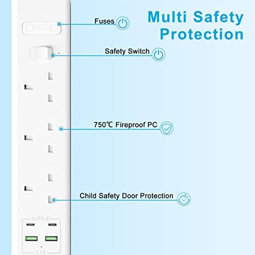 Surge Protected Extension Lead with USB Slots 13A Power Strips with 3 Way Outlets 4 USB(3.1A, 2 Type C and 2 USB Ports) Child Safety Plug Extension Socket with 2 M Extension Cords for Home Office
