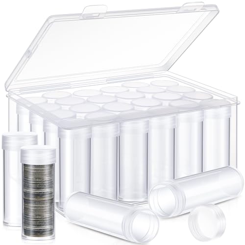 Qunclay 24 Pcs Quarter Coin Tubes with 1 Storage Box Clear Plastic Quarter Holders with Lid for Coin Collection and Organization