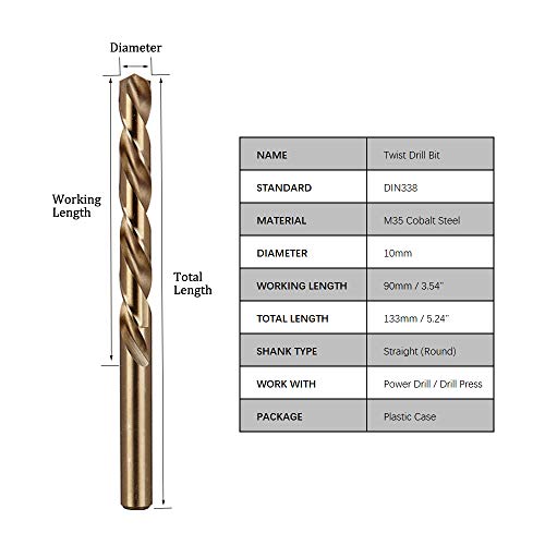 Hymnorq 10Mm Metric Twist Drill Bit Set Of 3Pcs - Jobber Length Fully Ground Straight Shank – 5% Cobalt M35 Grade Hss-Co, Extremely Heat Resistant – Perfect For Stainless Steel Cast Iron #TOP3