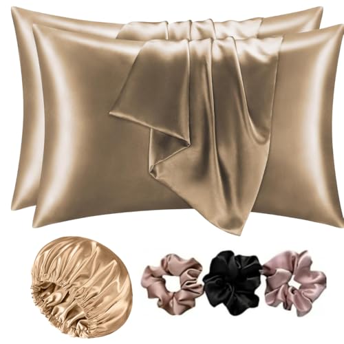 Image of Go Well Bonnet for Curly Hair with Free Satin Pillow Covers and Scrunchies | Silk Bonnet for Hair | Combo of Pack of 2 Satin Pillowcases with 3 Silk Scrunchies Adjustable HairCap (khakhi)