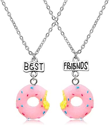 Cute Pink Donut Set For Girls Cartoon Best Friend Donut Jewelry Resin Faux Food Donut Earrings Necklace Set For Woman Girl Gift (BFF necklace)