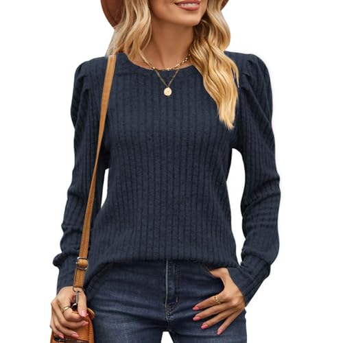 Vanfany Women's Puff Sleeve Crewneck Sweater - Business Casual Tops For Fall, Knitted Blouse