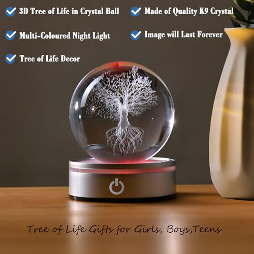 Image of IFOLAINA Tree of Life Crystal Ball with Lighted Base Laser Engraved Glass Ball Tree of Life Night Light Decorative Globes 3D Crystal Plant Sphere Gifts for Her Birthday