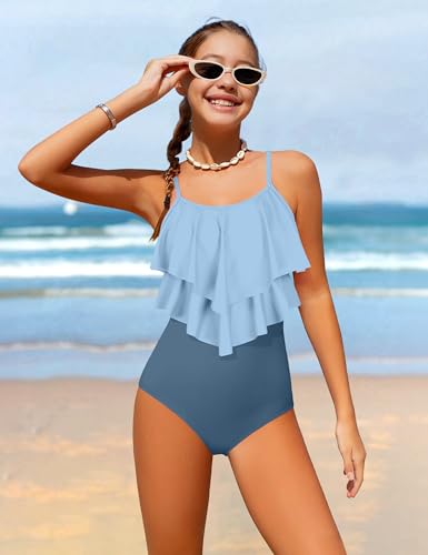 Image of Girls Swimsuit Color Block One Piece Swimsuit 2-Tiered Ruffle Bathing Suit Adjustable Strap Girls' Swimwear 7-16Y