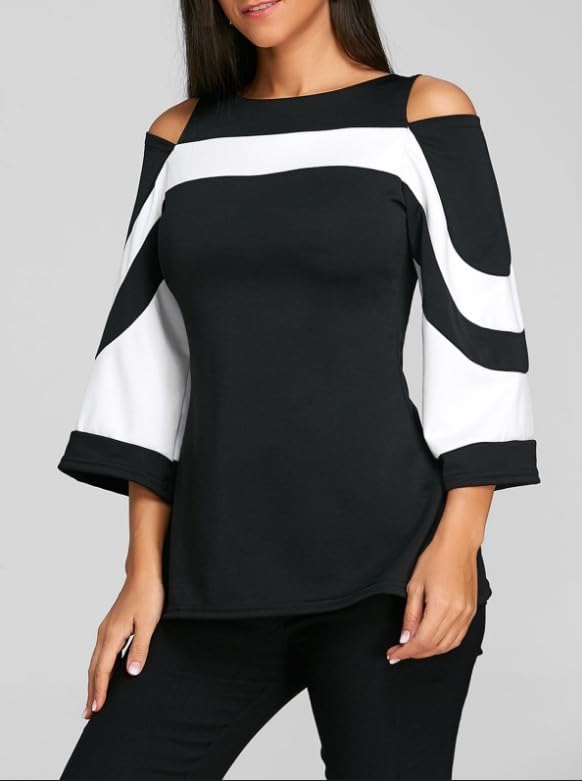 Image of Women Blouses and Tops Black White Colorblock Bell Sleeve Cold Shoulder Top Shirt