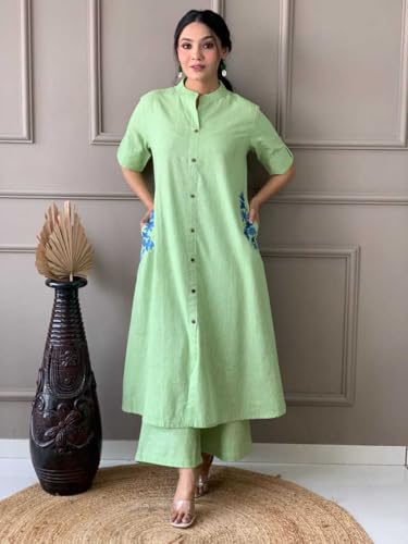 Image of Women's Cotton Embroiderd Long A-Line Kurti with Palazzo