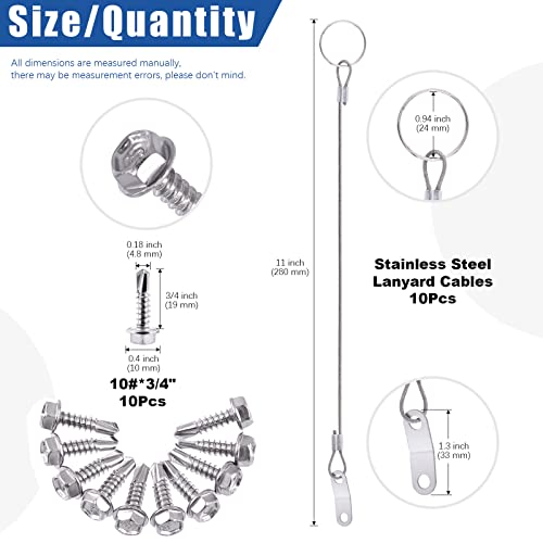 Glarks 20Pcs 11 Inches Lanyard Cable Set Including 10Pcs 304 Stainless Steel Safety Tether Wire with Quick Release Ring and Rubber Coating and 10Pcs Self Drilling Hex Head Screws for Car Boat Fastener - Thumbnail 2