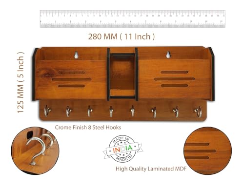 Image of Handcrafted MDF Wood Key Holder with Shelf & Mobile Stand - Wall-Mounted Organizer with 8 Hooks (3 Line)