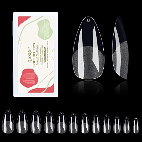 Qsorw Soft Gel Full Cover Nail Tips Medium Almond 552Pcs Pre-Buff Pmma Soak Off Matte Gelly Clear False Nail Tips 12 Size Extension Full Cover #TOP1