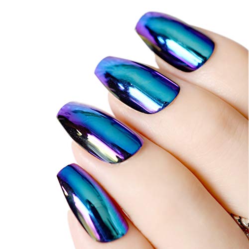 Coffin Faux Ongles  Faux Ongles Effet Chrome Holographique Magnifique Miroir  Ongles Caméléon Paillettes Faux Ongles 24PCS Cover