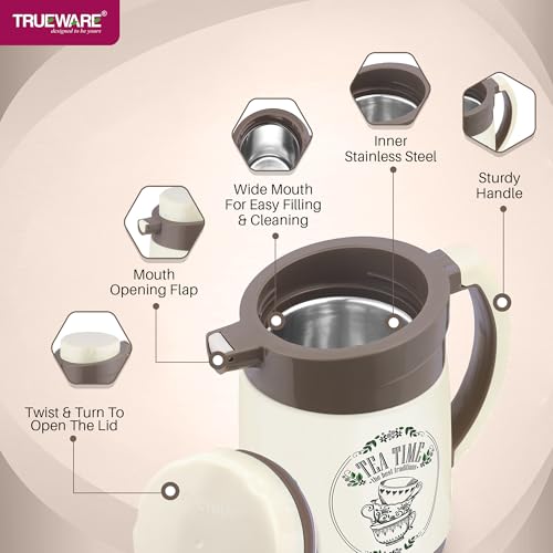 Image of Trueware Aqua Jug Insulated Flask - 750 Ml | Insulated Tea Pot Kettle Inner Steel Outer Plastic | Hot & Cold | Food Grade Plastic | Lightweight BPA-Free | Wide Mouth Design | Ideal for Office, Travel