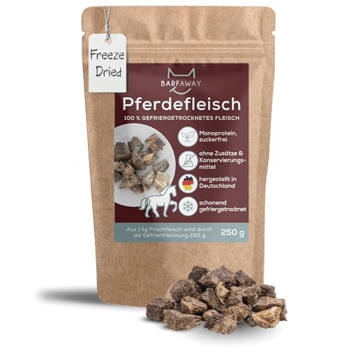 BARFAWAY gefriergetrocknetes Pferdefleisch, Premium Muskelfleisch, allergikerfreundlich, gesunde Hundeleckerlies, getreidefrei, zuckerfrei, 100% natürlich ohne Zusätze, Deutsche Herstellung, 250 g